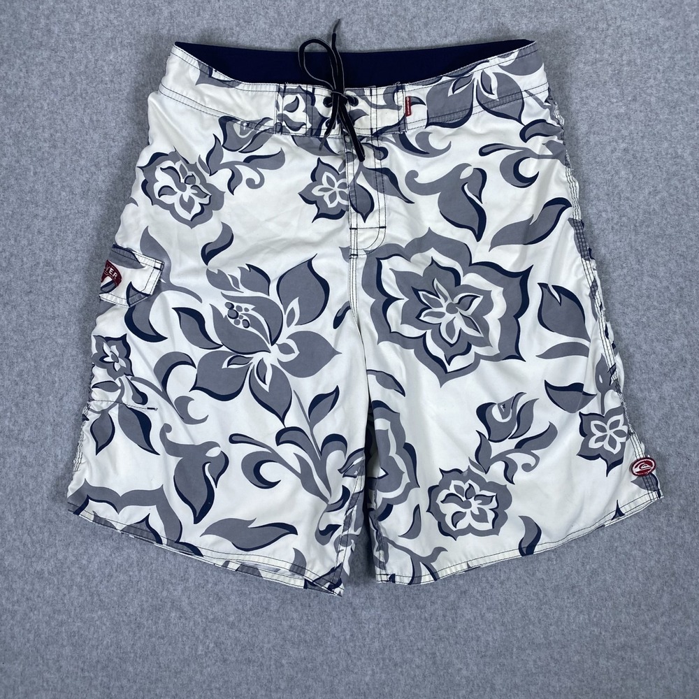 Quiksilver Board Shorts Mens 32 White Grey Floral Y2K Hibiscus Cargo Swim Trunks
